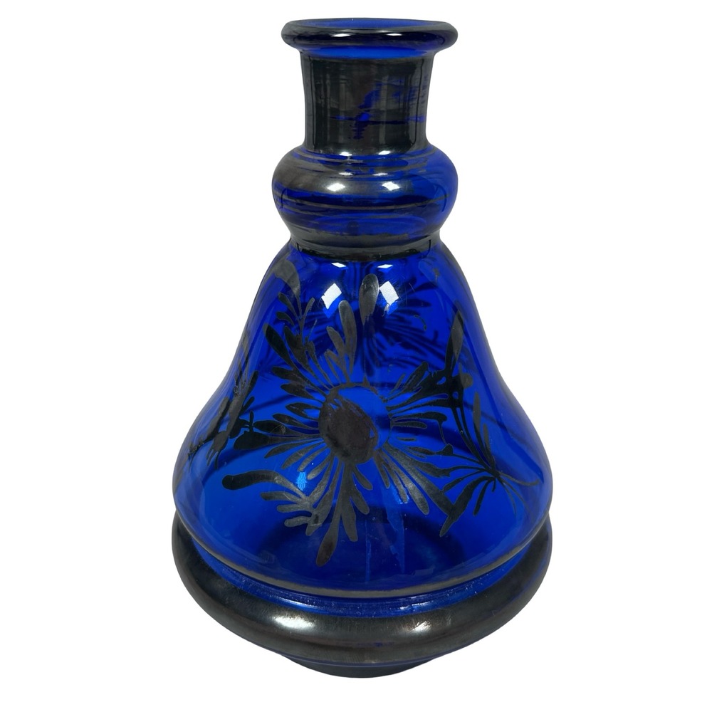 Vintage‎ MCM Empoli Italy Cobalt Blue Glass Decanter Vase Silver Floral Design